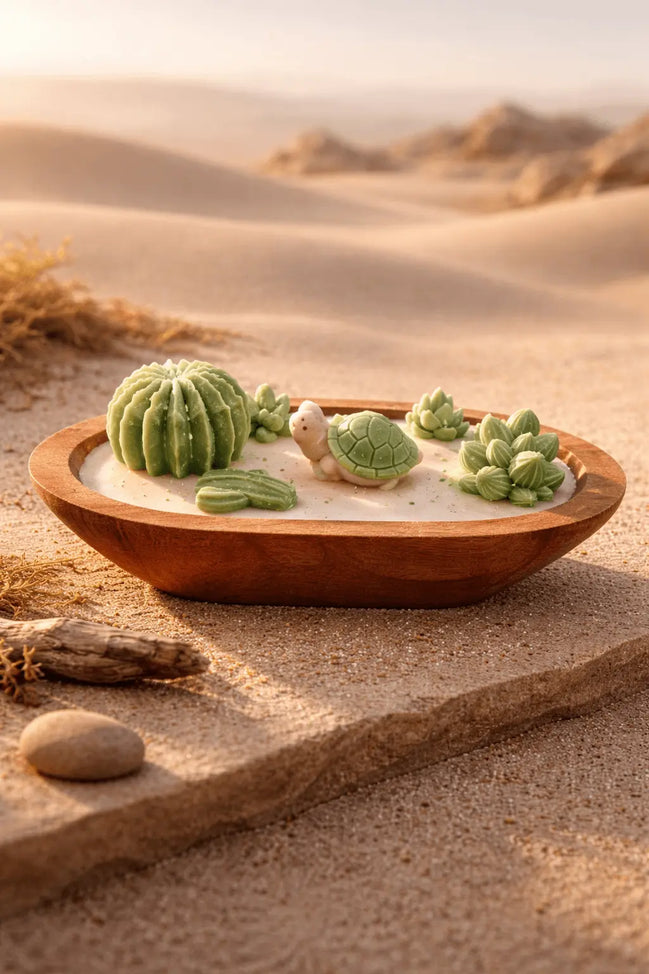 Palo Santo Cedarwood & Patchouli Candle Decorative arrangement of green succulents and a turtle figurine in a wooden bowl on a sandy background.