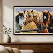 Pasture Companions completed diamond painting featuring four horses gathered behind a rustic pasture fence.