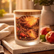 Frosted glass jar candle with a wooden lid and illustrated 'Peach Paradise' label, fresh peaches on a stone tray in warm window light