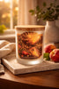 Frosted glass jar candle with a wooden lid and illustrated 'Peach Paradise' label, fresh peaches on a stone tray in warm window light