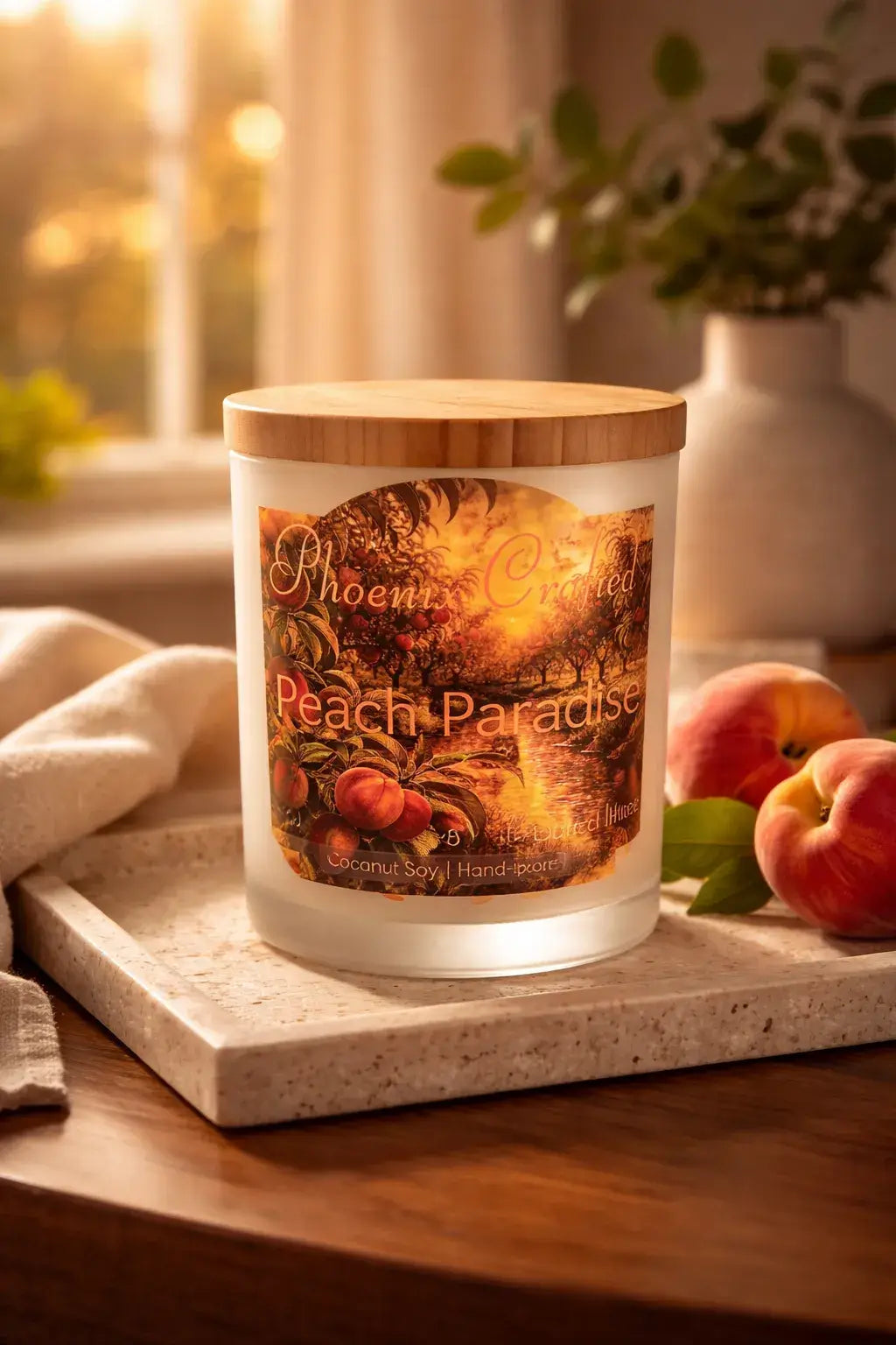 Frosted glass jar candle with a wooden lid and illustrated 'Peach Paradise' label, fresh peaches on a stone tray in warm window light