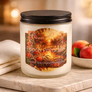 Peach Paradise candle in a clear glass jar with a black lid on marble beside fresh peaches.