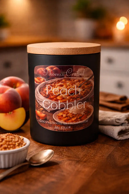 Black cylindrical candle jar with light-colored lid and label Peach Cobbler showing peaches, a ramekin of crumble and a spoon on a table.