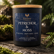 Petrichor & Moss candle in the 14 oz Noir vessel by Phoenix Crafted.
