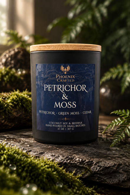 Petrichor & Moss candle in the 14 oz Noir vessel by Phoenix Crafted.