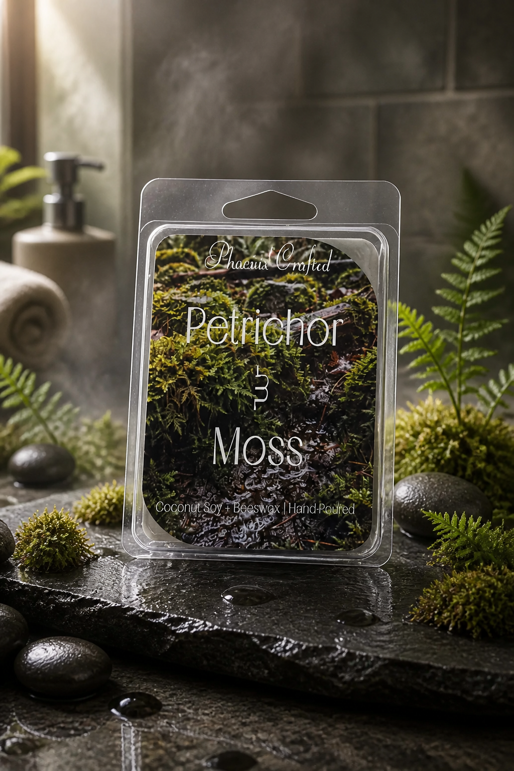 Petrichor & Moss wax melts in a clear clamshell with a mossy woodland label, styled with ferns and dark stones.