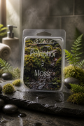Petrichor & Moss Wax Melts packaging with moss and stones background, showcasing handcrafted coconut soy wax.