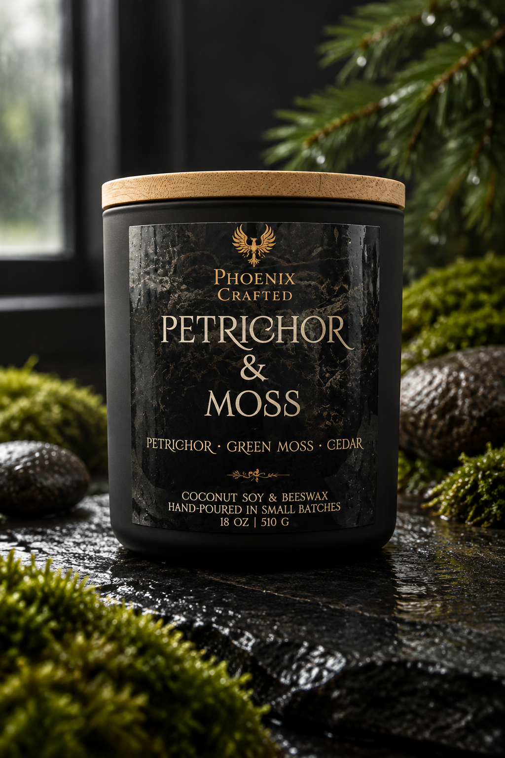Petrichor & Moss candle in the 18 oz vessel by Phoenix Crafted.