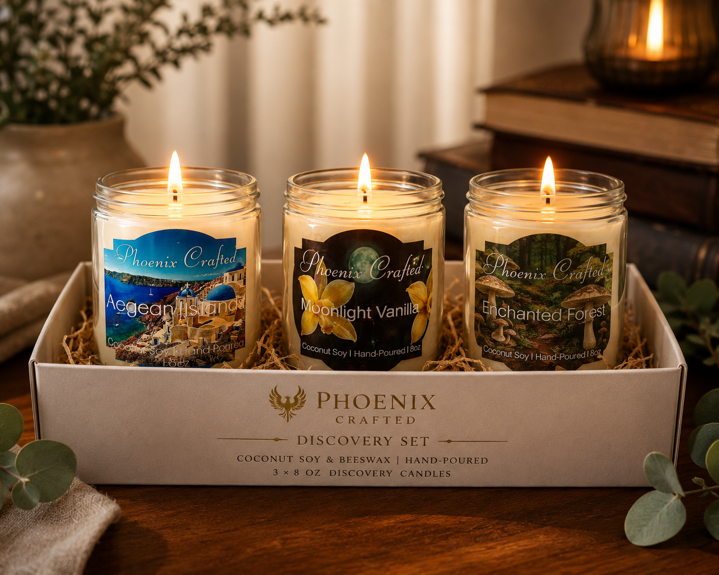 Phoenix Crafted candle discovery set with assorted hand-poured fragrance samples.