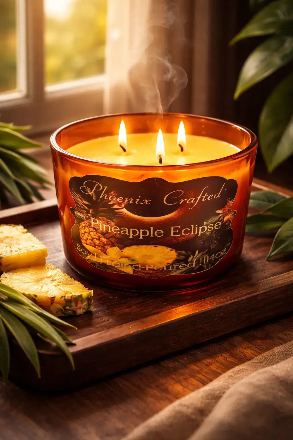 Pineapple Eclipse Candle with three wicks, featuring juicy pineapple and a tropical glow on a wooden tray.