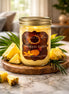 Pineapple Eclipse Candle in a glass jar surrounded by fresh pineapple on a wooden surface.