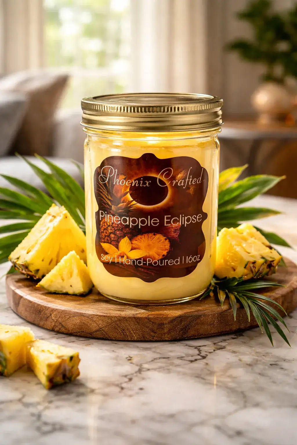 Pineapple Eclipse Candle in a glass jar surrounded by fresh pineapple on a wooden surface.