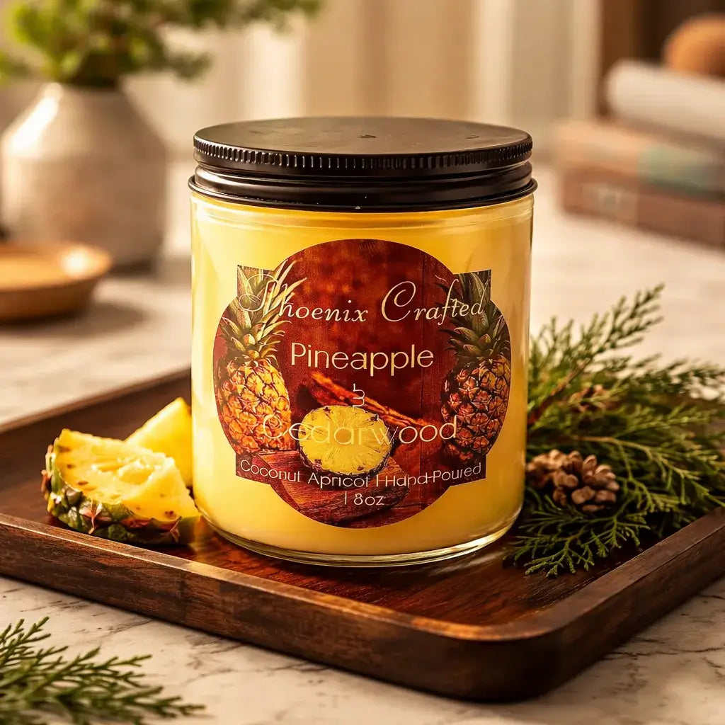 Pineapple & Cedarwood Candle in a glass jar with pineapple slices and pine greenery on a wooden tray.