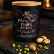 Pistachio Ember Atelier candle in the 10 oz matte black vessel by Phoenix Crafted.