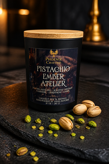 Pistachio Ember Atelier candle in the 10 oz matte black vessel by Phoenix Crafted.