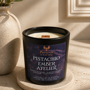 Pistachio Ember Atelier candle in the 10 oz matte black vessel with a wood wick.