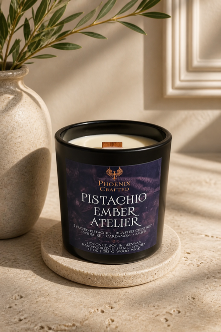 Pistachio Ember Atelier candle in the 10 oz matte black vessel with a wood wick.
