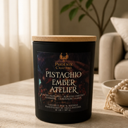 Pistachio Ember Atelier candle in the 14 oz matte black vessel by Phoenix Crafted.