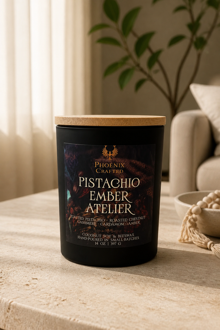 Pistachio Ember Atelier candle in the 14 oz matte black vessel by Phoenix Crafted.
