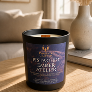 Pistachio Ember Atelier candle in the 14 oz matte black vessel with a wood wick.