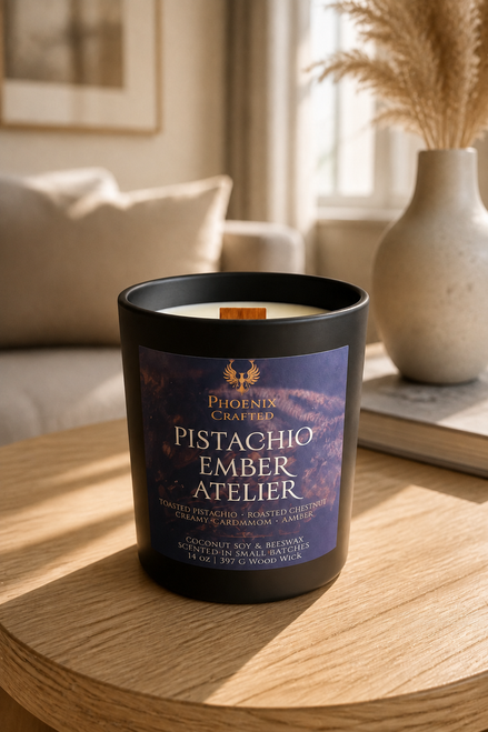 Pistachio Ember Atelier candle in the 14 oz matte black vessel with a wood wick.