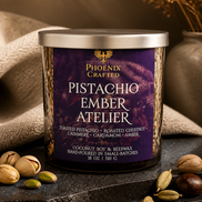 Pistachio Ember Atelier candle in the 18 oz rose gold vessel by Phoenix Crafted.