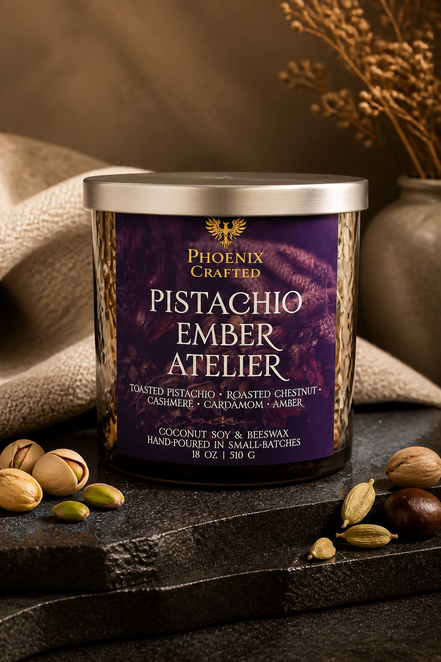 Pistachio Ember Atelier candle in the 18 oz rose gold vessel by Phoenix Crafted.