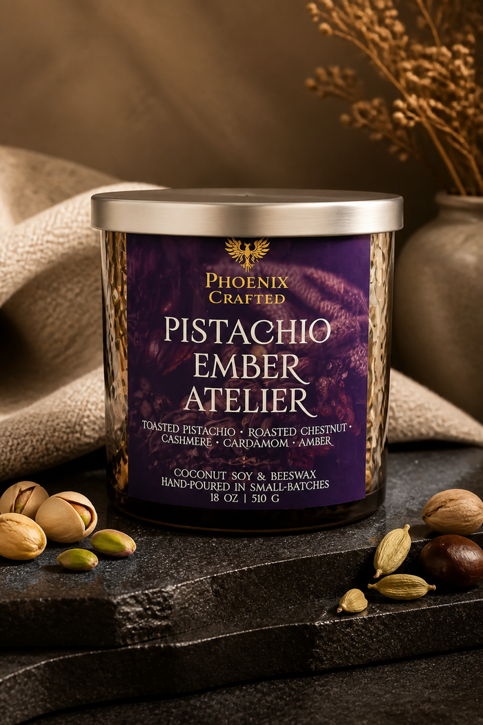 Pistachio Ember Atelier candle in the 18 oz rose gold vessel by Phoenix Crafted.