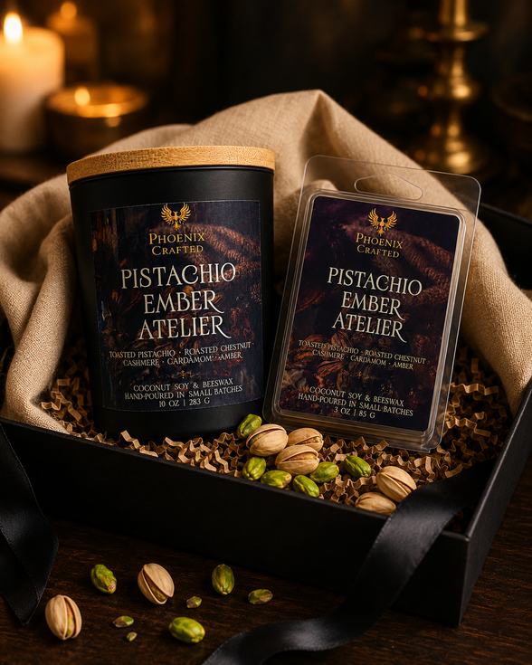 Pistachio Ember Atelier candle and matching wax melts arranged together as a Phoenix Crafted gift set.