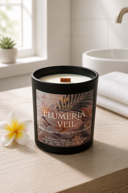 Plumeria Veil 10 oz candle with a wooden wick in a matte black Phoenix Crafted vessel.