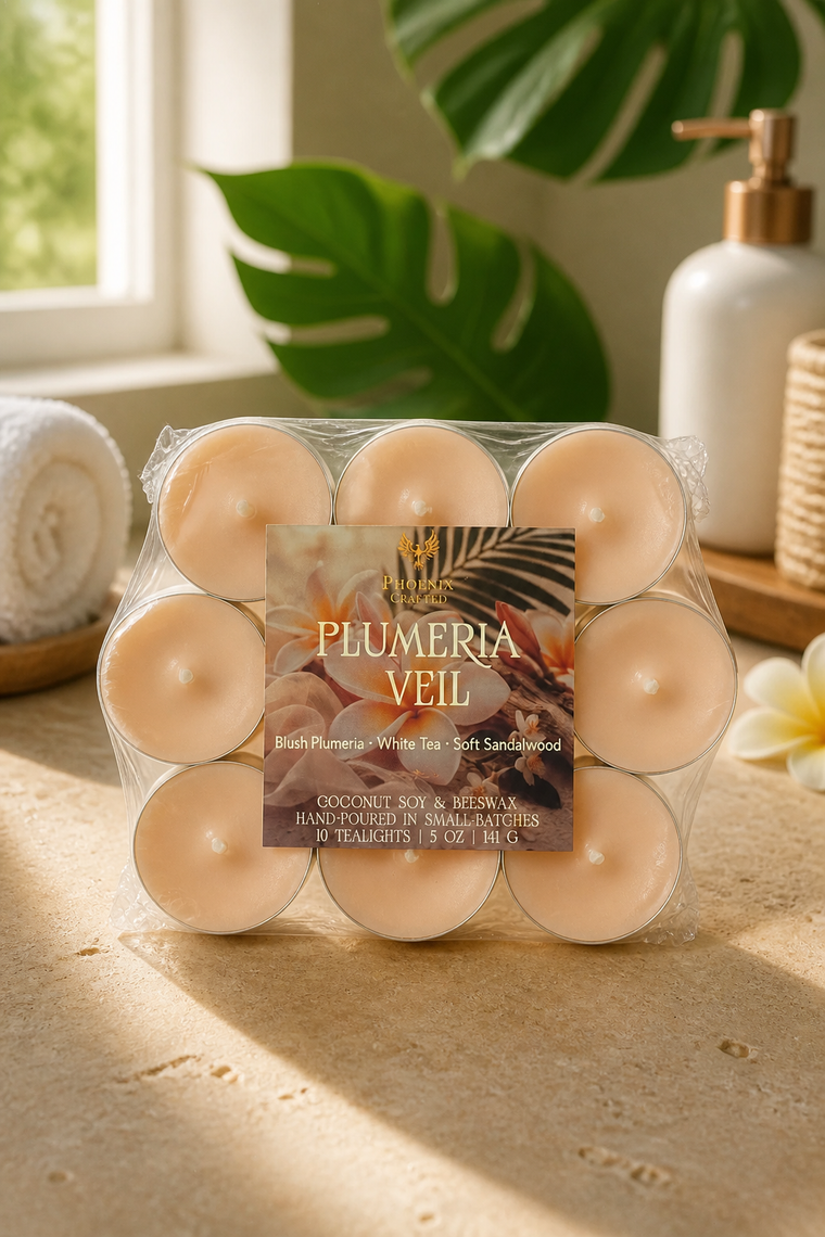 Pack of ten pale peach tealights in silver tins, sealed in clear plastic with a 'Plumeria Veil' label, on a sunlit stone counter beside green leaves.