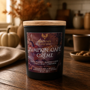 Pumpkin Café Crème candle in a matte black Noir vessel by Phoenix Crafted.