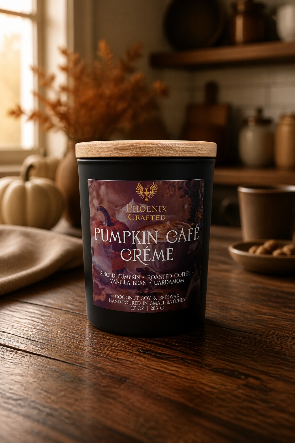Pumpkin Café Crème candle in a matte black Noir vessel by Phoenix Crafted.