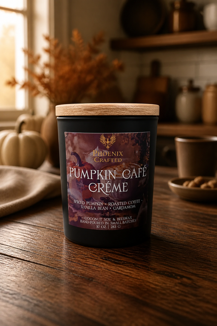 Pumpkin Café Crème candle in a matte black Noir vessel by Phoenix Crafted.