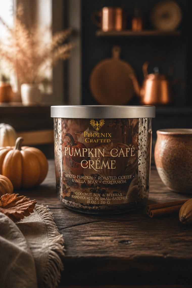 Pumpkin Café Crème candle in the Limited Rose Gold 18 oz vessel by Phoenix Crafted.