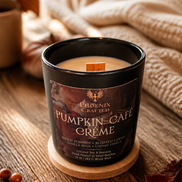 Pumpkin Café Crème 10 oz Noir candle with a wooden wick by Phoenix Crafted.