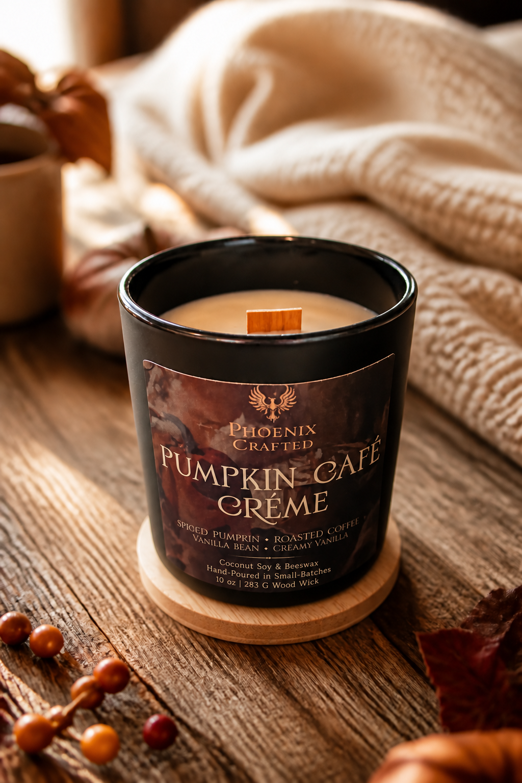 Pumpkin Café Crème 10 oz Noir candle with a wooden wick by Phoenix Crafted.