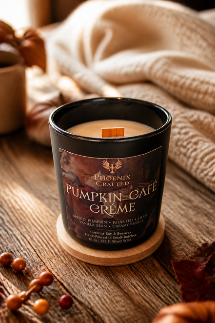 Pumpkin Café Crème 10 oz Noir candle with a wooden wick by Phoenix Crafted.