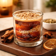 Pumpkin Spice Candle displayed on a wooden tray with cinnamon sticks, dried orange, and spices.