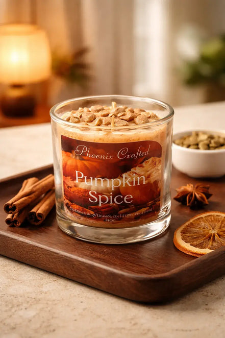 Pumpkin Spice Candle displayed on a wooden tray with cinnamon sticks, dried orange, and spices.