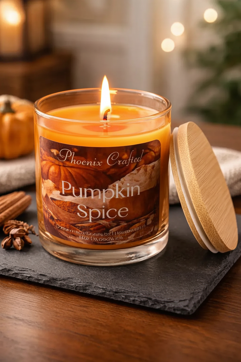 Lit Pumpkin Spice candle in a clear glass jar with a wood lid, styled with pumpkin, cinnamon, and star anise.