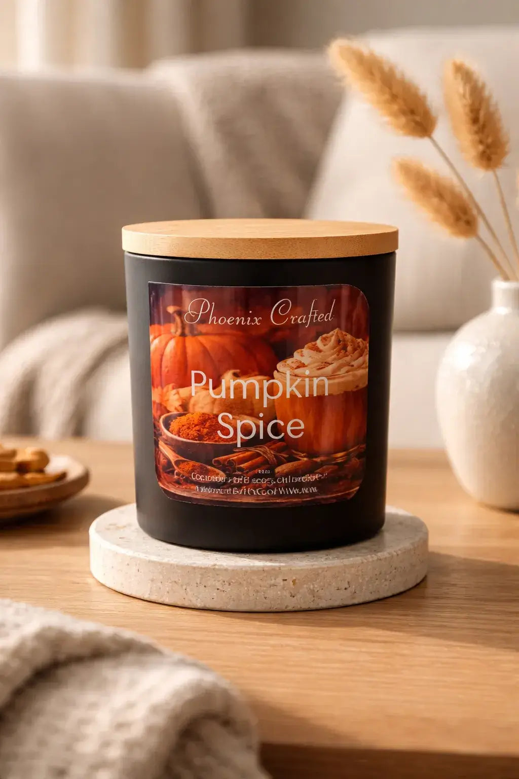 Black matte jar candle with a light wood lid and a label reading 