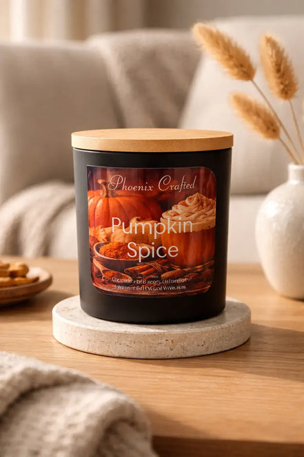 Black matte jar candle with a light wood lid and a label reading "Phoenix Crafted Pumpkin Spice," on a round stone coaster on a wooden table