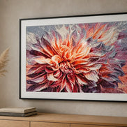 Radiant Dahlia Bloom finished floral diamond artwork shown in a frame mockup; artwork is sold unframed.