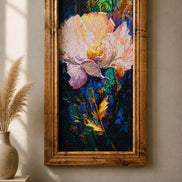 Radiant Peony Bloom Diamond Painting displayed in a wooden frame with rich colors and texture.
