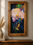 Radiant Peony Bloom Diamond Painting displayed in a wooden frame with rich colors and texture.