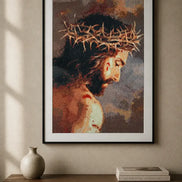 Redeemer’s Grace completed diamond painting of Christ wearing a crown of thorns in warm brown, cream, gold, and red tones.