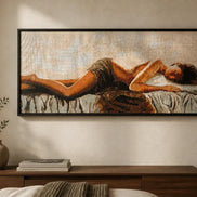 Resting Grace completed diamond painting of a serene reclining figure in warm beige, cream, brown, blush, and gold tones.