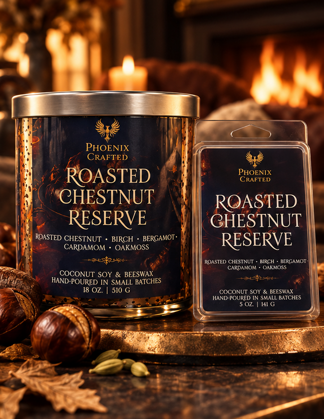 Roasted Chestnut Reserve Limited Rose Gold gift set with an 18 oz candle and matching 5 oz wax melts.