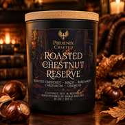 Roasted Chestnut Reserve 10 oz candle in a matte black Noir Phoenix Crafted vessel.